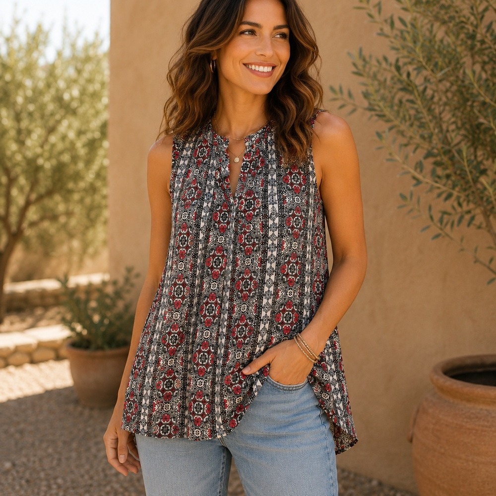 Umgee Womens Size L Bohemian Medallion Print Sleeveless Flowy Blouse Red Black‎